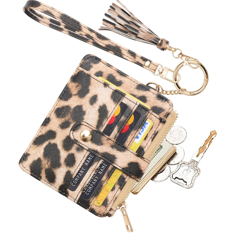 COOLANS Wristlet Bracelet Keychain Card Holder Card Pocket PU Leather Purse Tassel Keychain Bangle Key Ring for Women Girls (Card & Id Holder Purse Leopard) - Image 1